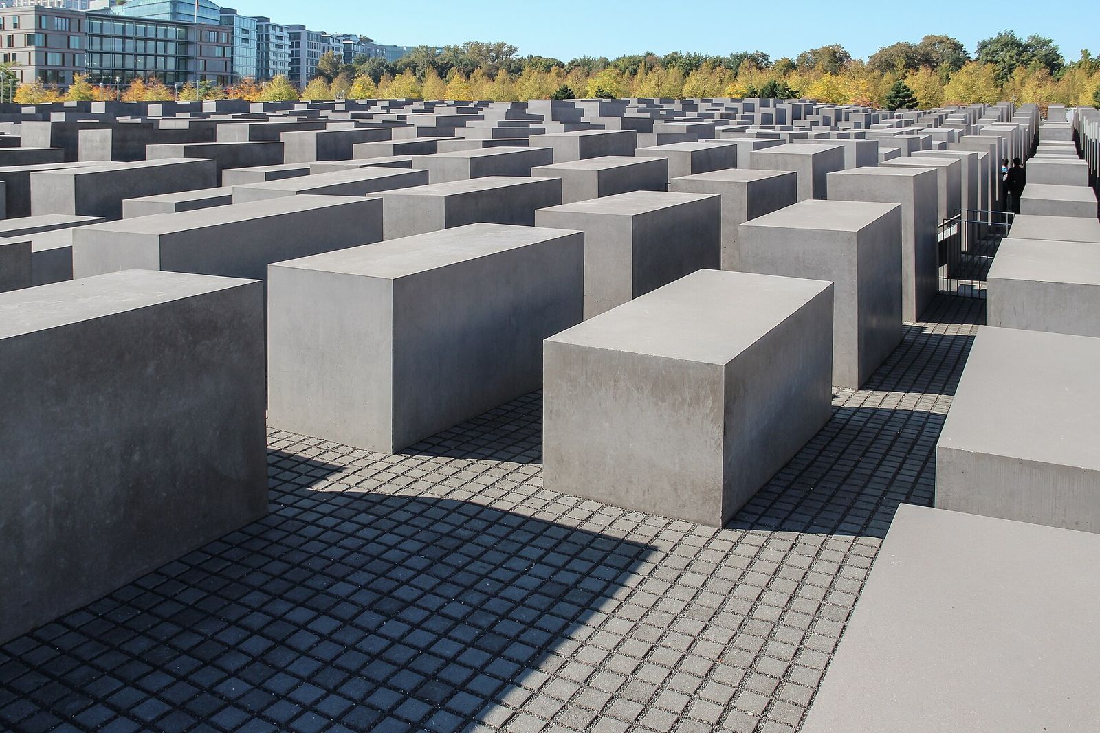 Graue Betonquader des Denkmals für die ermordeten Juden Europas in wechselnder Höhe, im Hintergrund herbstlich gefärbte Bäume