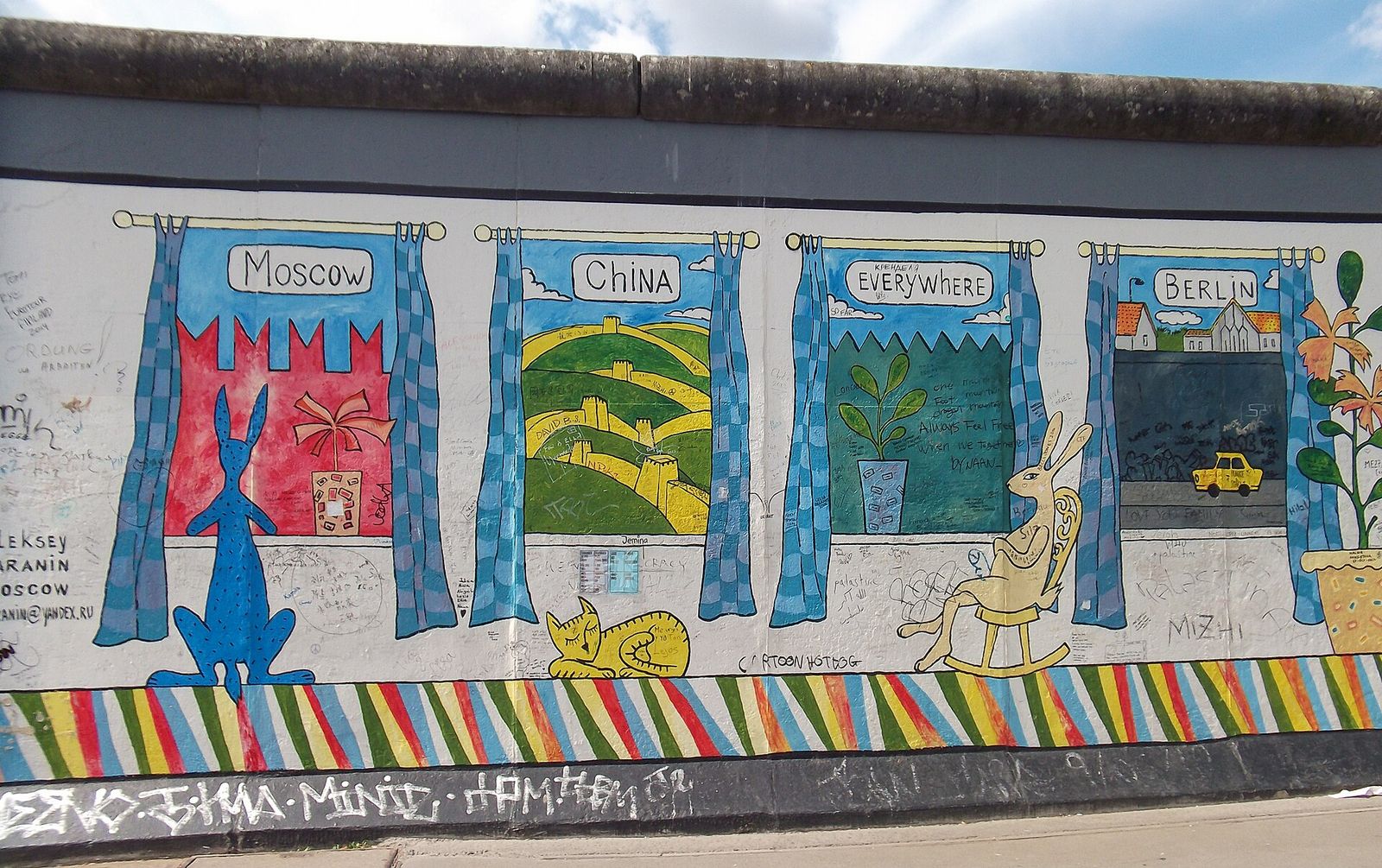 Gemälde „Mauern international“ von Alexej Taranin an der East Side Gallery: aufgemalte Fenster mit den Wörtern Moscow, China, Everywhere und Berlin
